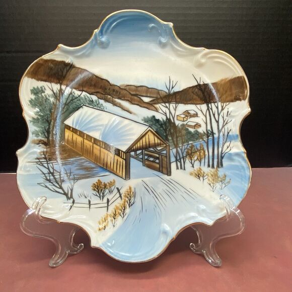 Norcrest Hand Painted Fine China Plate Covered Bridge Winter Scene P-114 Vintage - Picture 1 of 7